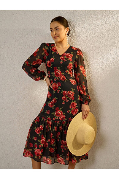 Sassafras By Styli Black Floral Print Balloon Sleeve Midi Dress