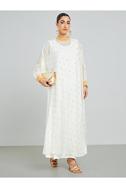 Amirah By Styli White Chiffon Printed Embellished Jalabiya