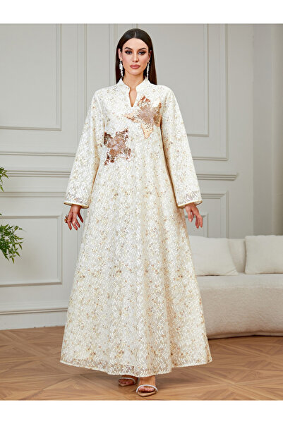 Take Two By Styli Beige Floral Embroidered Embellished Jalabiya