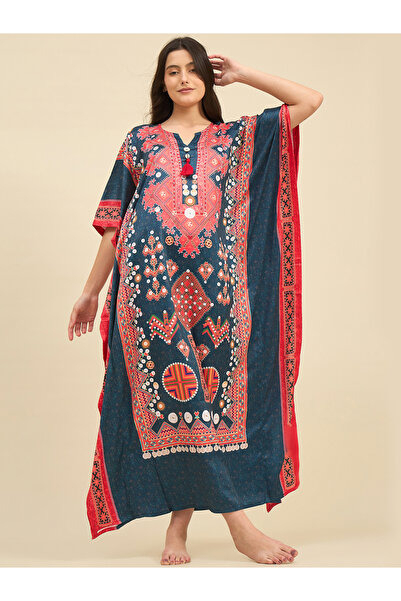 The Kaftan Company By Styli Printed Satin Kaftan Nightdress with 3/4 Sleeves