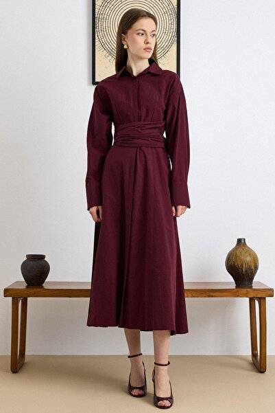 Olcay Button Closure Belt Detailed Flared Cotton Dress Bordo 9419-E