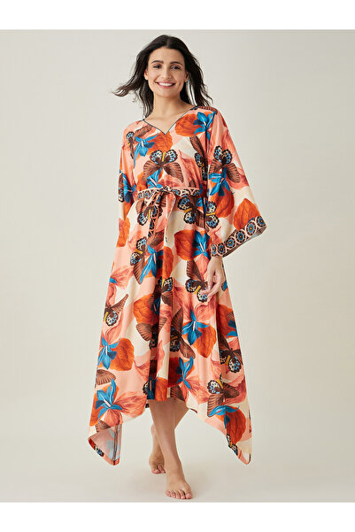 The Kaftan Company By Styli Butterfly Printed Waist Tie Kimono Nightdress
