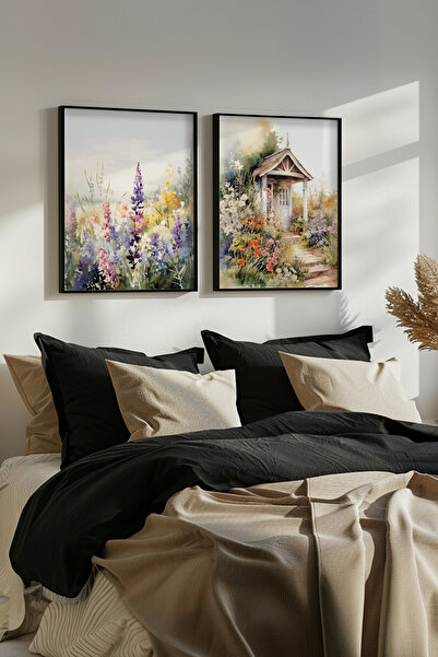 STARYUNA Black Wooden Framed Double Painting Set with Flower Garden View Yuna566