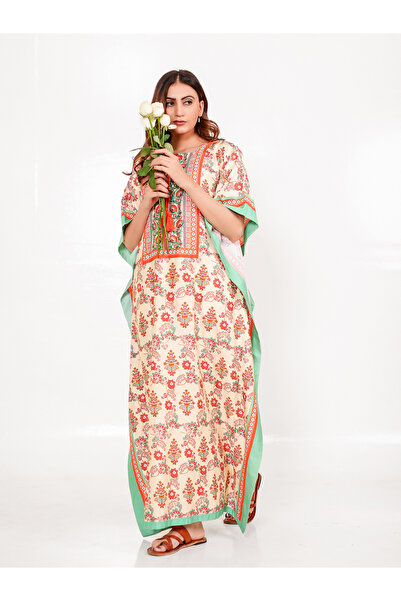 The Kaftan Company By Styli Beige and Red Paisley Printed Kaftan Nightdress