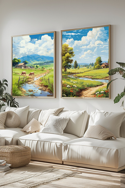STARYUNA Wooden Framed Rural Scenery Mountain and Stream Double Painting Set ...