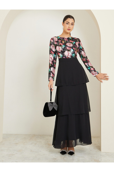 Styli Floral Printed Long Sleeve Tiered Maxi Dress