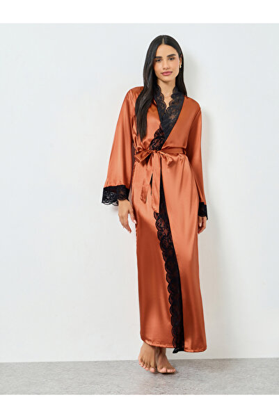 Take Two By Styli Bronze Lace Trim Long Sleeve Robe
