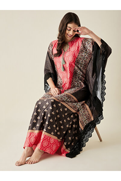 The Kaftan Company By Styli Red Satin Ethnic Motif Printed Kaftan Nightdress