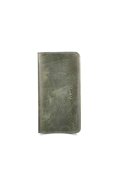 GUARD Khaki Green Genuine Leather Unisex Portfolio Wallet with Phone Compartm...