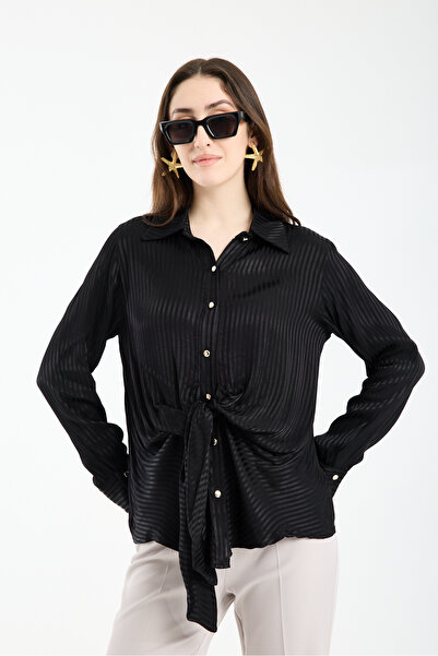 Moda Days Front-Tie Striped Satin Shirt