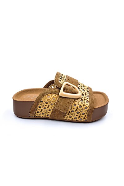 Guja Special Design Suede Leather and Straw Weave Detailed Women's Camel Brow...