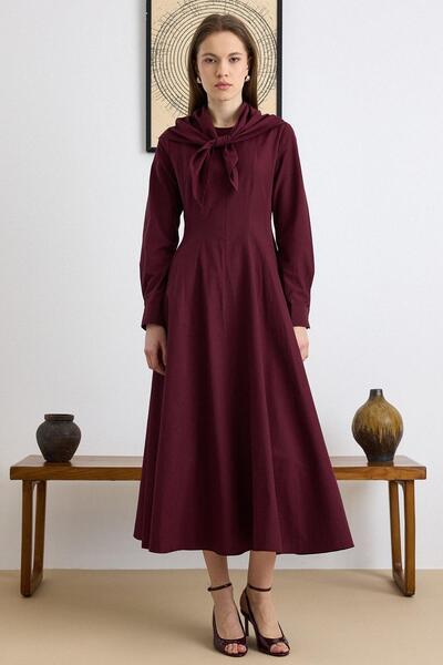 Olcay Fular Detaylı Kloş Pamuklu Elbise BORDO 9420-E