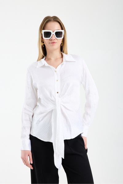 Moda Days Front-Tie Striped Satin Shirt