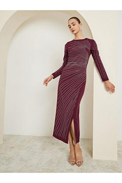 Styli Burgundy Rhinestone Front Slit Maxi Dress