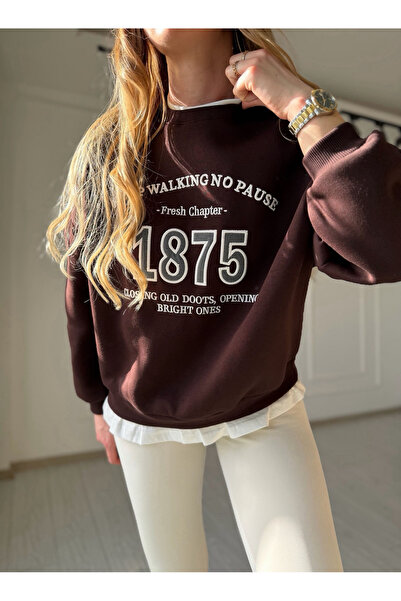 Store Acı Kahve Nakış Detaylı İçi Tshirt Görünümlü Sweatshirt