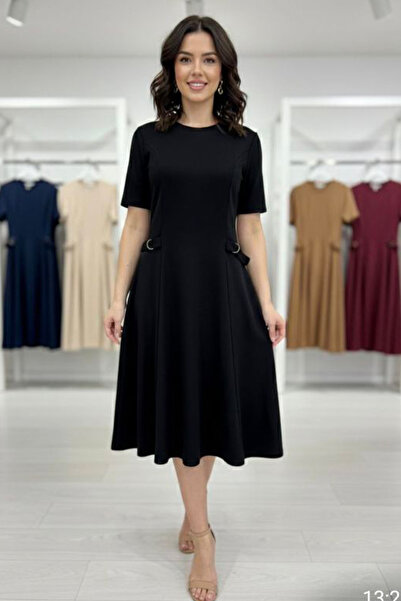 AYASOFYA OTANTIK Women's Black Round Neck Buckle Detailed Short Sleeve Midi D...