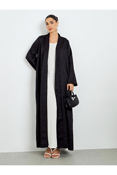 Amirah By Styli Black Jacquard Front Open Abaya