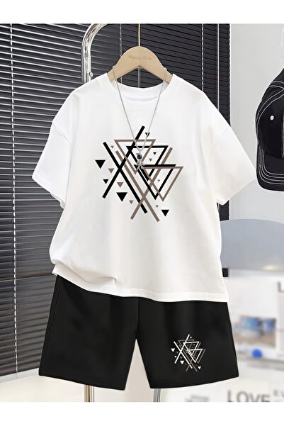 ibibik moda Black and White Printed Oversize Tshirt Shorts Set
