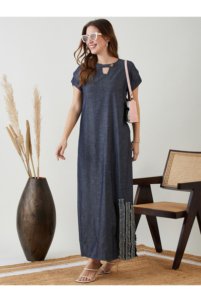 The Kaftan Company By Styli Navy Blue Ruffled Detail Denim Maxi Dress