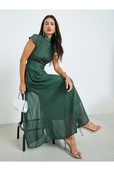 Styli Green Short Sleeves Pleated A-Line Maxi Dress
