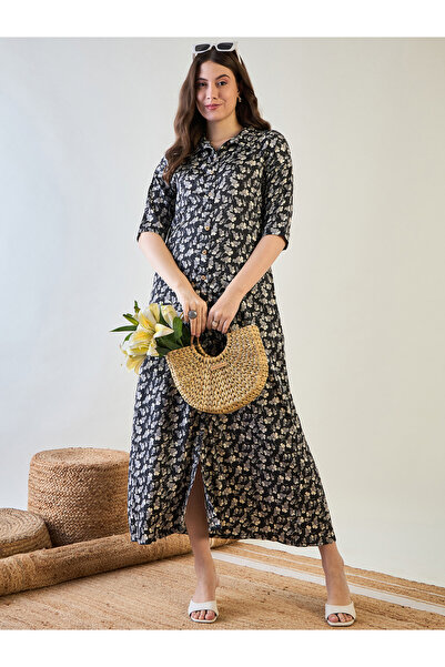 The Kaftan Company By Styli Black Floral Printed Button Down Nightdress
