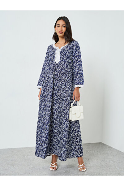 Amirah By Styli Blue Floral Print Lace Detail A-Line Jalabiya