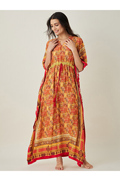 The Kaftan Company By Styli قميص نوم قفطان ناعم مطبوع من قماش مودال مع خصر مكشكش