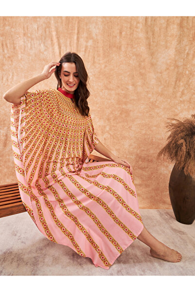 The Kaftan Company By Styli Pink Floral Print Kaftan Nightdress with 3/4 Sleeve