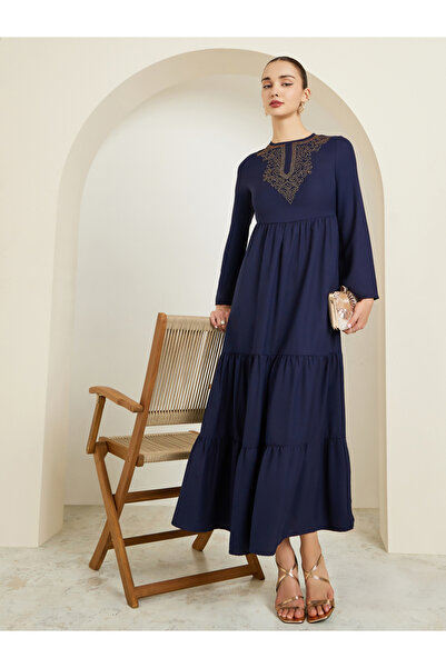 Styli Navy Blue Embellished Tiered Maxi Dress