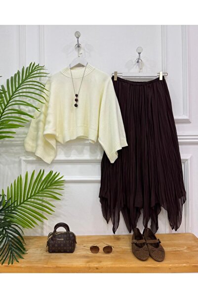 onix Idil Two-Piece Combination Ecru Sweater, Coffee-Colored Skirt