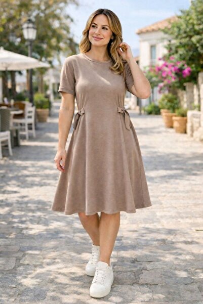 AYASOFYA OTANTIK Women's Black Round Neck Buckle Detailed Short Sleeve Midi D...