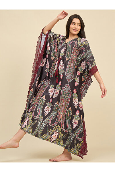 The Kaftan Company By Styli Black Satin Paisley Printed Kaftan Nightdress