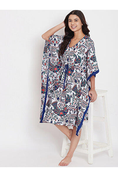 The Kaftan Company By Styli قميص نوم قفطان أبيض من قطن مطبوع بأكمام ثلاثة أرباع
