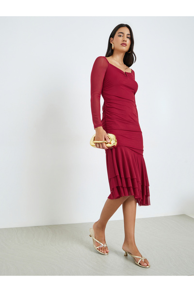 Styli Red Long Sleeves Layered Hem Midi Dress