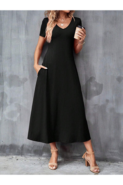 Take Two By Styli Black Short Sleeve A-Line Midi Dress with Pockets
