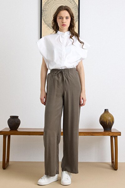 Olcay Elastic Waist Wide Leg Modal Trousers Haki̇ 7588