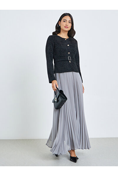 Styli Black Tweed Pleated A-Line Maxi Dress with Belt
