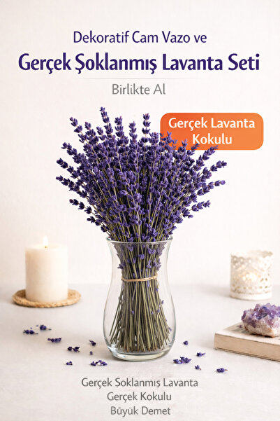Bontia Gerçek Şoklanmış Lavanta ve Cam Vazo Seti – Gerçek Kokulu Dekoratif La...