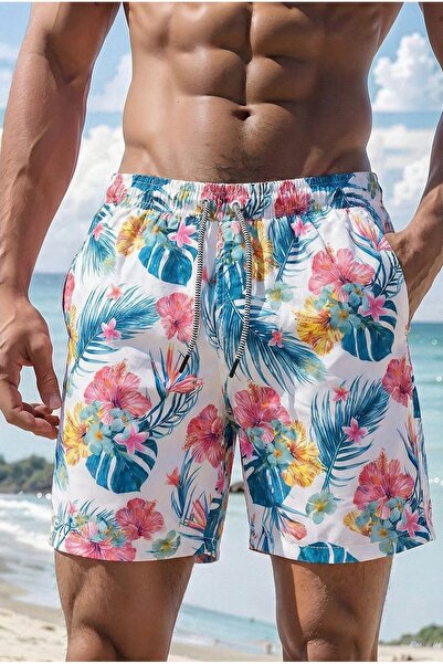 MADZEYMODA Lined Multi-Color Men's Swim Shorts Elastic Lace-Up Short Length P...