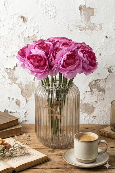 Yapay Çiçek Deposu Artificial Flower 7-Piece Tea Rose Bunch 30 cm Fuchsia-Pink