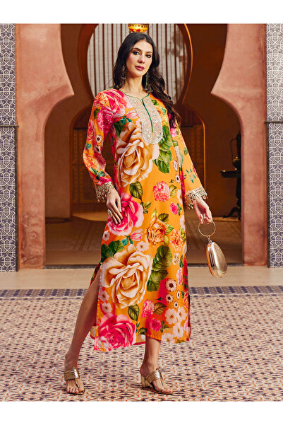 Sassafras By Styli Floral Print Embroidered Neck Abaya Dress