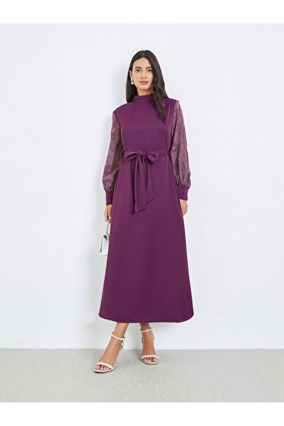 Styli Purple Cuffed Sleeves A-Line Maxi Dress