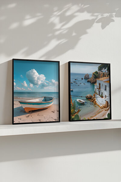 STARYUNA Black Wooden Framed Double Painting Set with Sea and Boat View Yuna565