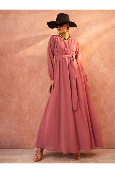 Sassafras By Styli Pink V-Neck Belted A-Line Maxi Dress