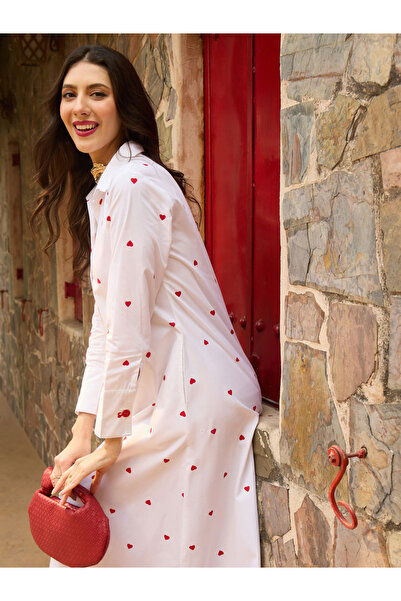 Sassafras By Styli White Heart Print A-Line Maxi Dress