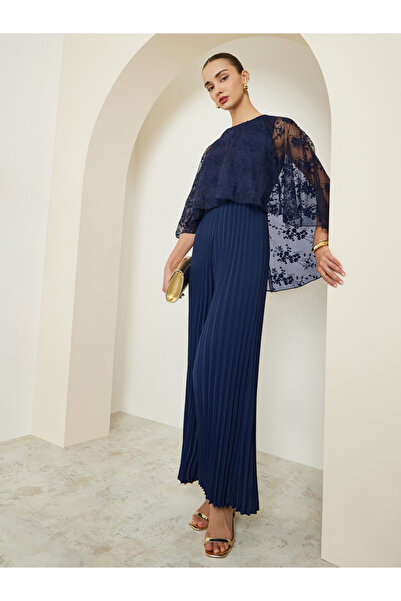 Styli Navy Cape Sleeve Wide Leg Pleated Jumpsuit