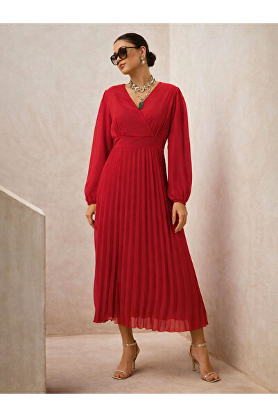 Sassafras By Styli Red Balloon Sleeve Pleated Midi Dress