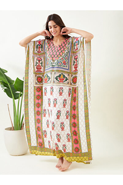 The Kaftan Company By Styli قميص نوم أبيض مطبوع الكفتان