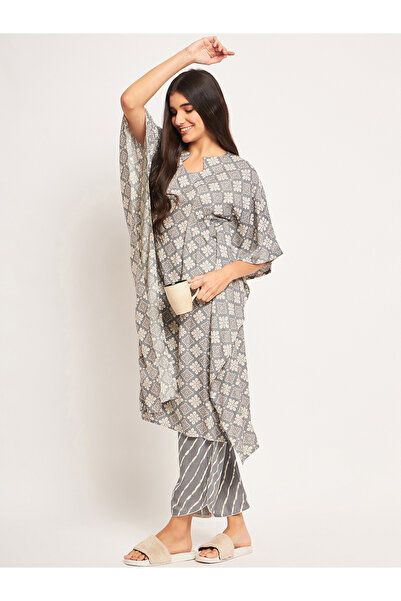 The Kaftan Company By Styli Grey Floral Kaftan Nightdress with Trousers Set