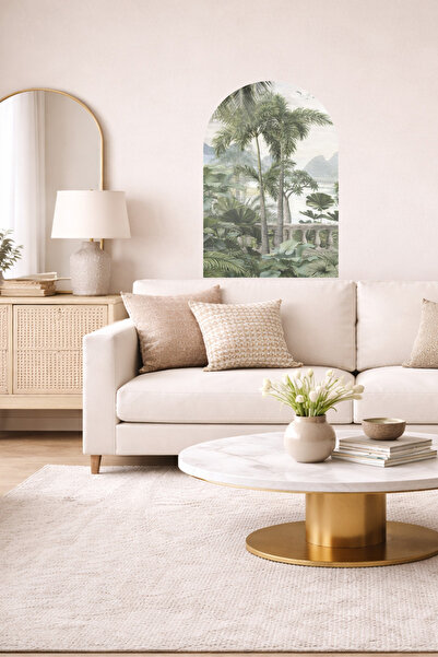 Sim Tasarım Tropski pejzaž i vodopad, palma, ovalni luk, zidna naljepnica